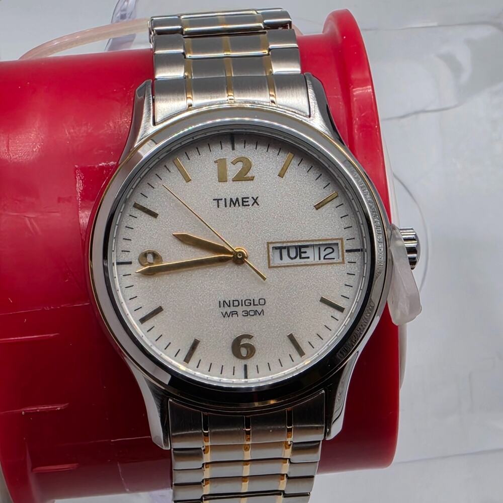 Timex T26461 Men’s Two Tone Watch INDIGLO Day Date NOS Untested Expandable Band